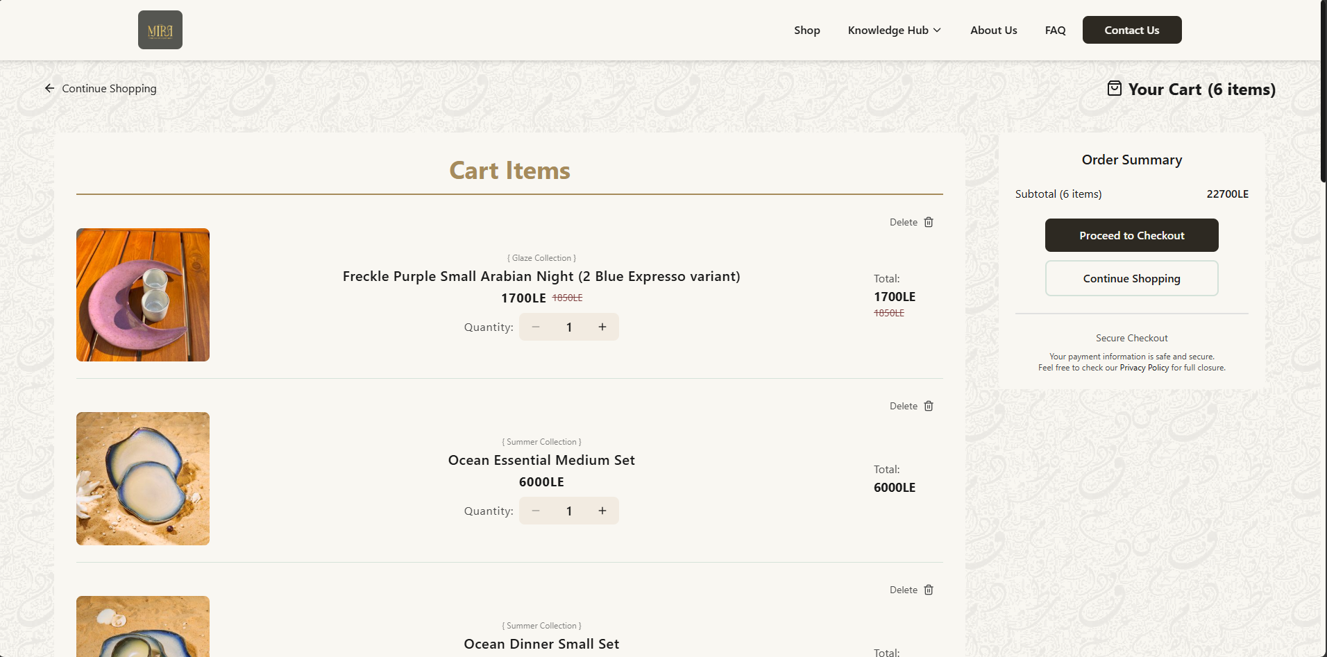 Mira Ceramics, Checkout Page