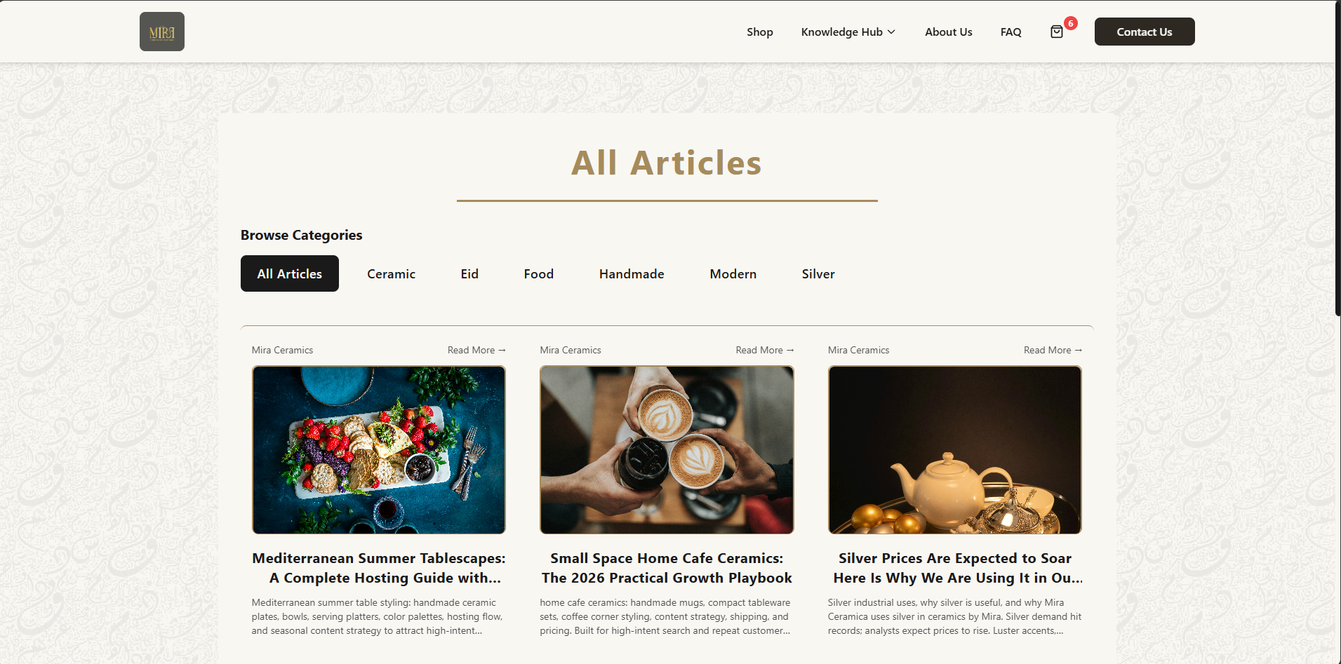Mira Ceramics, Content Page
