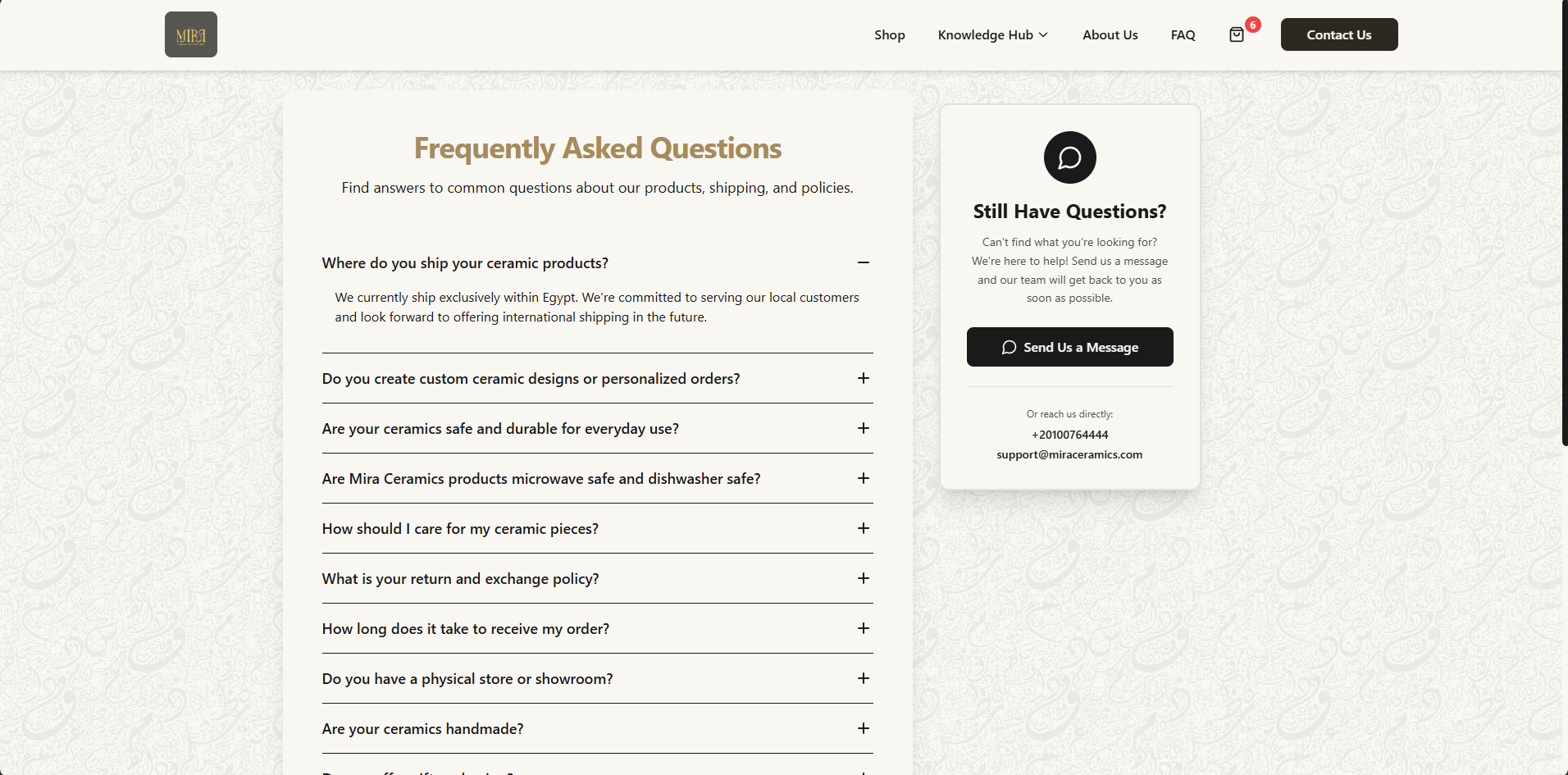 Mira Ceramics, FAQ Page